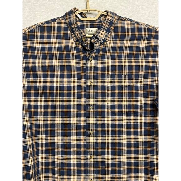 LL Bean Men's Shirt Large Button Front Blue Tan Plaid 100% Cotton LS 253770 - Picture 3 of 13